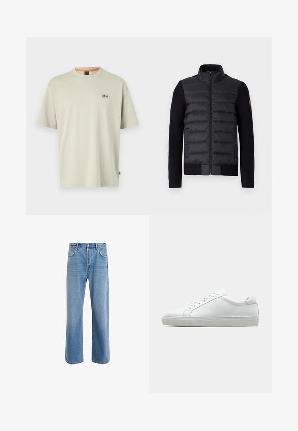 Juodas zip-up džemperis su siuvinėtu priekiu ir megztais rankovėmis, su šoniniais kišenėmis ir mažu logotipu kairėje rankovėje.; Šviesiai pilkas medvilninis marškinėliai su apvaliu kaklu, trumpomis rankovėmis ir mažuoju mėlynu "BOSS" logotipu kairėje krūtinės pusėje. Sklandi tekstūra.; Šviesiai mėlyni džinsai su tiesiu kirpimu, penkios kišenės, mygtuko užsegimas, minimalus blukimas ir kontrastingi siuvimo detalės.; Baltas sportinis batelis su lygiu odiniu paviršiumi ir žemu profiliu. Turi suapvalintą pirštą, šešis akių skyrius ir tekstūruotą gumos padą.