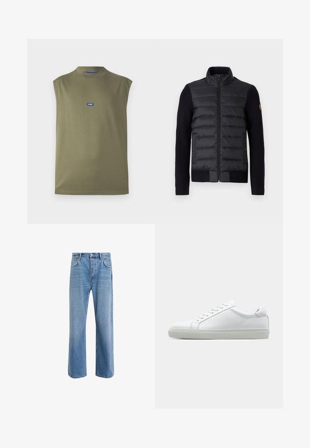 Mustan vetoketjullinen takki, jossa on tikattu etupaneeli ja neulosmateriaalista hihat. Takissa on sivutaskut ja pieni logo-patch vasemmassa hihassa.; Hihaton oliivinvihreä toppi, joka on valmistettu pehmeästä kankaasta ja jossa on korkea kaulus sekä sininen HUGO-logo rinnassa. Sileä pinta, minimalistinen muotoilu.; Vaaleansiniset farkut suoranlahkeisella muotoilulla, viisi taskua, nappisuljenta, vähäinen kuluminen ja kontrastiväriset ompeluyksityiskohdat.; Valkoinen tennari, jossa on sileä nahkapäällinen ja matala profiili. Ominaisuuksiin kuuluu pyöreä kärki, kuusi rei'itystä ja teksturoitu kumipohja.