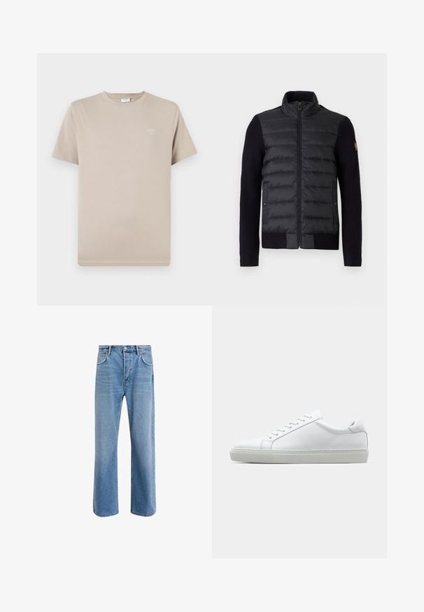 Czarna kurtka zapinana na suwak z pikowanym przednim panelem i dzianinowymi rękawami, z bocznymi kieszeniami i małą naszywką z logo na lewym ramieniu.; Beżowy, krótkorolowy t-shirt wykonany z bawełny. Posiada okrągły dekolt oraz małe logo nadrukowane w górnym lewym rogu. Gładka tekstura.; Jasnoniebieskie dżinsy o prostym kroju, pięć kieszeni, zapięcie na guzik, minimalne blaknięcia i kontrastowe wykończenia szwów.; Białe sneakersy z gładką skórzaną cholewką i niskim profilem. Posiadają okrągły nos, sześć dziurek na sznurówki oraz teksturowaną gumową podeszwę.