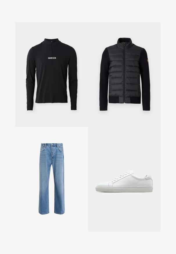 Černá zipová bunda s prošívanou přední částí a pletenými rukávy, vybavená bočními kapsami a malou nášivkou s logem na levém rukávu.; Černý dlouhý rukáv s vysokým límcem, vybavený čtvrtinovým zipem a bílým logem "CALVIN KLEIN" na přední části. Hladká, elastická tkanina.; Světle modré džínové kalhoty s rovnými nohavicemi, pěti kapsami, zapínáním na knoflík, minimálním vyblednutím a kontrastním prošitím.; Bílé tenisky s hladkým koženým svrškem a nízkým profilem. Mají zaoblenou špičku, šest nýtů a texturovanou gumovou podrážku.