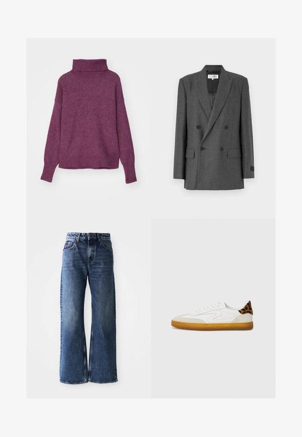 Grå dobbeltradet blazer i et tekstureret stof. Har krave med klipper, to frontlommer og sorte knapdetaljer. Foret inderside.; Tiger of Sweden PAXI - Striktrøje - tulip purple; Bredde ben jeans i blå denim med høj talje. Har klassisk fem-lomme design, kontraststing og en let falmet finish.; Hvide sneakers med tekstureret ruskind og læderoverdel, med en leopardprintdetalje på hælen og en gummisål.