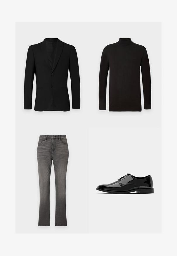 Sacou negru cu rever înclinat, design cu un singur rând de nasturi, două butoane și buzunar cu îmbinări; textură netedă și croială ajustată.; Pulover negru cu guler înalt dintr-o țesătură moale. Prezintă mâneci lungi și un design ajustat, cu un guler și un tiv cu benzi. Branding minim.; Jeans din denim gri cu croi drept, având un design clasic cu cinci buzunare și o ușoară decolorare. Închidere standard cu nasture și fermoar.; Pantofii din piele lacuită neagră, cu vârful rotund, design cu șireturi și suprafață netedă, strălucitoare. Au o talpă din cauciuc cu profil jos.