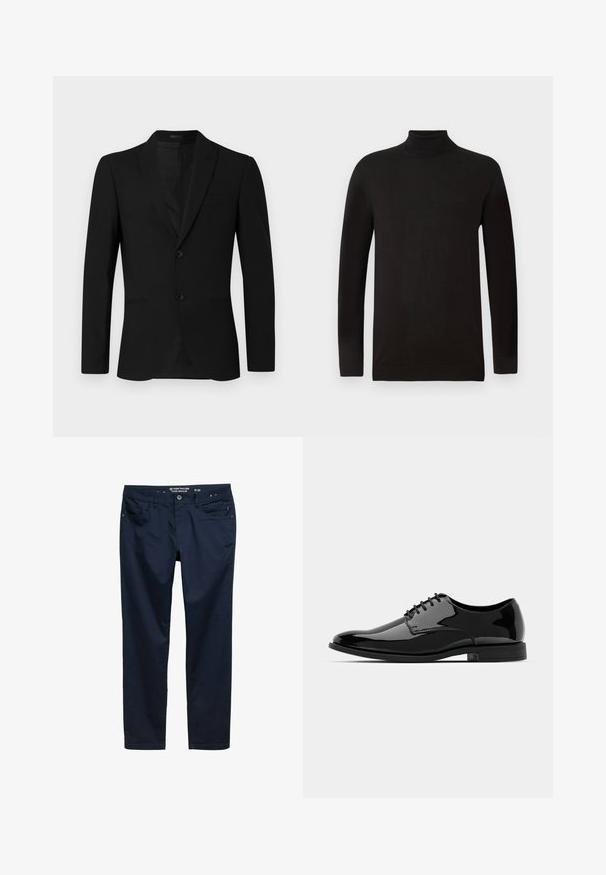 Zwarte blazer met een notch-lapel, enkelvoudig ontwerp, twee knopen en opgestikte zakken; gladde textuur en op maat gemaakt pasvorm.; Zwarte coltrui van een zachte brei stof. Heeft lange mouwen en een aansluitend ontwerp met een geribde kraag en zoom. Minimale branding.; Marineblauwe broek van gladde katoenstof, met een regular fit, vijf zakken en een rits met knoopsluiting.; Zwarte gepatineerde leren jurkchoenen met een ronde neus, vetersluiting en een glad, glanzend oppervlak. Voorzien van een laagprofiel rubberen zool.