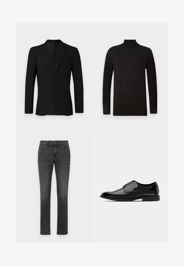 Musta puku takki, jossa on lovettu kaulus, yksirivinen malli, kaksi nappia ja taskut; sileä pinta ja muotoiltu istuvuus.; Mustat korkeakauluksinen neulepusero pehmeästä joustavasta kankaasta. Ominaisuuksina pitkät hihat ja tiukka malli, jossa on ribbaus kauluksessa ja helmoissa. Vähäistä brändäystä.; Harmaat farkut suoran lahkeen mallilla, viiden taskun tyylillä ja hienovaraisilla kulutuksilla etuosassa. Varustettu napin sulkemisella ja vyölenkeillä.; Musta patentoitu mokkanahkakengät pyöreällä varpalla, nauhakuormausmalli ja sileä, kiiltävä pinta. Varustettu matalaprofiilisella kumipohjalla.