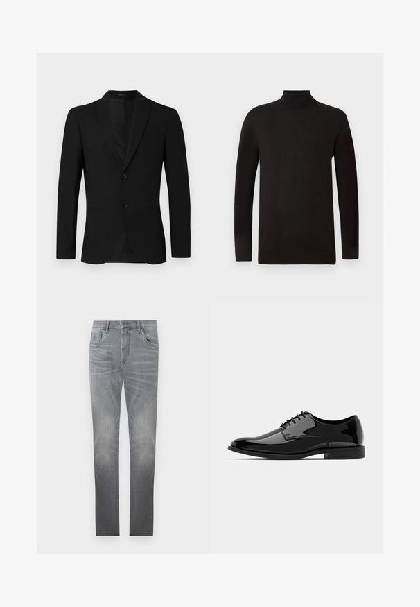 Juodas švarkas su pjautiniu apykakle, vieno mygtuko dizainu, dviem mygtukais ir kišene su krašteliu; sklandus audinys ir pritaikytas siluetas.; Juodas merinos vilnos megztinis su aukšta apykakle. Ilgos rankovės ir prigludęs siluetas su gaubtu ir apačia sudarytais iš įripto audinio. Minimalus ženklinimas.; Pilkos džinsinio audinio kelnės su nusidėvėjusia išvaizda, penkiomis kišenėmis, mygtuko uždarymu ir tiesaus kirpimo. Lygus audinys su šiek tiek nunešiotais kraštais.; Juodas lakinės odos suknelės bateliai su apvaliu priekiu, su raišteliais ir lygiu, blizgiu paviršiumi. Turi žemą guminį padas.