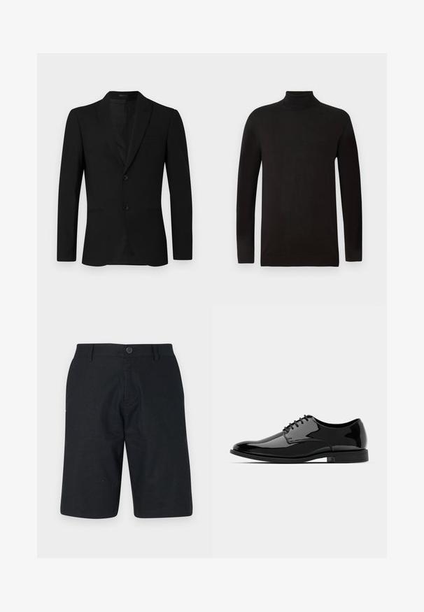 Fekete zakó, elfordított hajtókával, egy sor gombbal, két gombbal és zsebkendőzsebbel; sima textura és testre szabott fazon.; Fekete garbós pulóver puha kötött anyagból. Hosszú ujjakkal és testhez álló fazonnal rendelkezik, bordázott gallérral és aljjal. Minimális márkázás.; Fekete rövidnadrág könnyű anyagból, egyenes fazonnal, egy gombos záródással és tiszta szegéllyel, látható minták nélkül.; Fekete lakkbőr félcipő lekerekített orral, fűzős kialakítással és sima, fényes felülettel. Alacsony profilmagasságú gumitalppal rendelkezik.