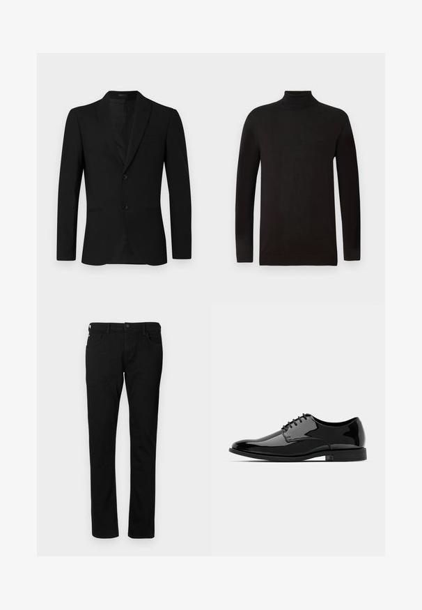 Chaqueta de traje negra con solapa de muesca, diseño de un solo botón, dos botones y bolsillo ribeteado; textura suave y ajuste entallado.; Suéter negro de cuello alto en una suave tela de punto. Presenta mangas largas y un diseño ajustado con un cuello y un dobladillo acanalados. Marca mínima.; Vaqueros de denim negro con un ajuste slim, que cuentan con bolsillos frontales, trabillas para cinturón y cierre de botón. Textura suave con un color sólido.; Zapato de vestido de charol negro con puntera redondeada, diseño de cordones y superficie lisa y brillante. Cuenta con una suela de goma de perfil bajo.