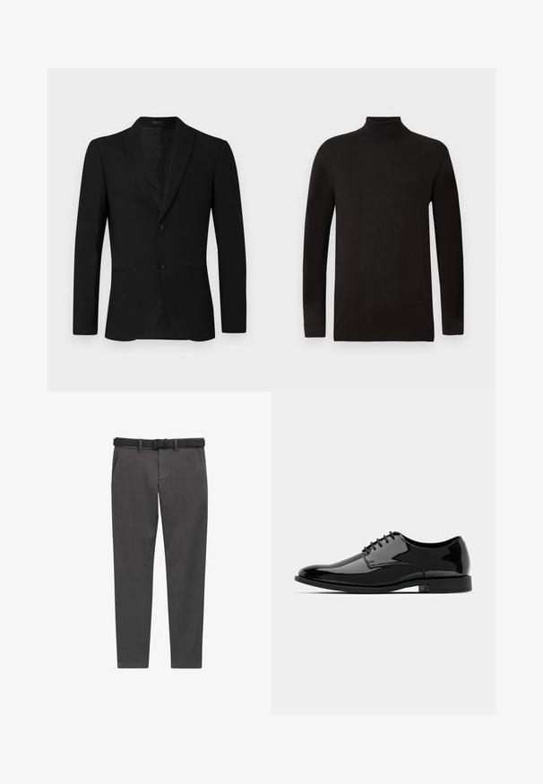 Schwarze Sakkoweste mit Reverskragen, einreihigem Design, zwei Knöpfen und aufgesetzter Tasche; glatte Textur und taillierte Passform.; Schwarzer Rollkragenpullover aus weichem Strickmaterial. Mit langen Ärmeln und einer taillierten Passform, einem gerippten Kragen und Saum. Minimale Branding.; Graue Hose aus gewebtem Stoff, mit geradem Schnitt, seitlichen Taschen und einem schwarzen Ledergürtel mit einer silbernen Schnalle.; Schwarze Lackleder-Schuh mit abgerundetem Zeh, Schnürdesign und glatter, glänzender Oberfläche. Verfügt über eine flache Gummisohle.