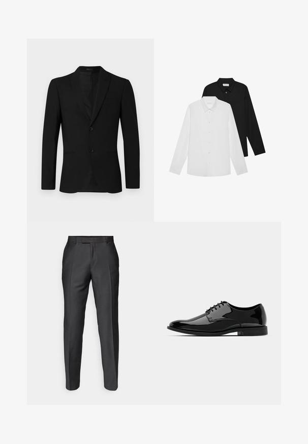 Melna uzvalka jakas ar iedziļinātu apvalku, vienkrūšu dizainu, divām pogām un kabatu ar atloku; gluda tekstūra un pielāgota fit.; Baltas un melns garām piedurknēm krekls ar norādītām apkaklēm, priekšējiem pogām un gludu auduma tekstūru. Etiķetes redzamas iekšējā kakla daļā.; Pielāgotas bikses tumši pelēkā audumā. Iezīmējas ar šauru piegriezumu, gludu priekšpusi un jostiņas cilpiņām. Gluda tekstūra ar smalku spīdumu.; Melna laika kurpe no patentētās ādas ar noapaļotu purngalu, aukliņu dizainu un gludu, spīdīgu virsmu. Aprīkota ar zemu profilu gumijas zoli.