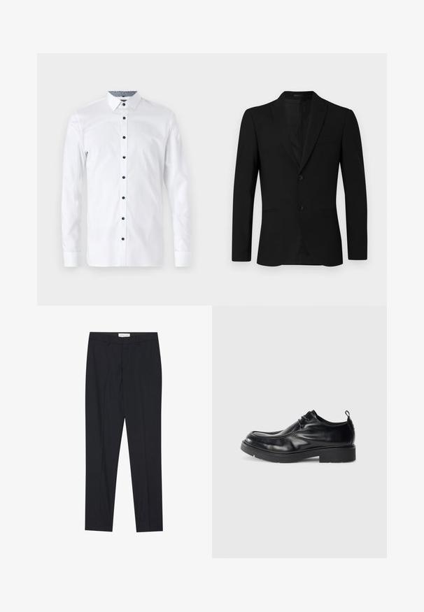 Zwarte blazer met een notch-lapel, enkelvoudig ontwerp, twee knopen en opgestikte zakken; gladde textuur en op maat gemaakt pasvorm.; Witte langslavenshirt met blauwe knoppen en een gedessineerde donkere kraag binnenin. Gemaakt van gladde stof, met een klassiek knoopsluiting ontwerp.; Zwarte op maat gemaakte broeken met een vlakke voorkant, reguliere pasvorm, gemaakt van een gladde stof, met persplooien en zijzakken.; Zwarte leren dresscode met ronde neus, vetersluiting aan de voorkant en een decoratieve naad. Beschikt over een dikke, gestructureerde rubberen zool en een hieltab.