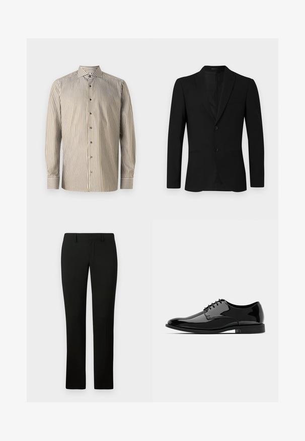 Juodas švarkas su pjautiniu apykakle, vieno mygtuko dizainu, dviem mygtukais ir kišene su krašteliu; sklandus audinys ir pritaikytas siluetas.; Dryžuota šviesiai ruda ir balta marškinėliai, ilgos rankovės, klasikinis apykaklė, su vertikaliais dryžiais ir kontrastingais rankogalių akcentais.; Juodos kelnės su pritaikytu šiuolaikiniu siluetu, pasižyminčios sklandžiu paviršiumi ir tiesaus kirpimo dizainu. Juosmuo turi diržo kilpas ir tvarkingą apdailą.; Juodas lakinės odos suknelės bateliai su apvaliu priekiu, su raišteliais ir lygiu, blizgiu paviršiumi. Turi žemą guminį padas.