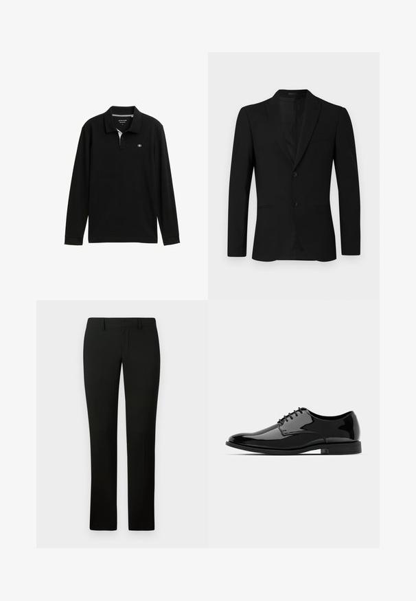 Černá saka s klopou, jednobarevným designem, na dva knoflíky a kapsou s lemem; hladká textura a přiléhavý střih.; Černá polo košile s dlouhými rukávy a klasickým límcem, s bílým vnitřním límcem a logem na hrudi. Hladká textura a standardní střih.; Černé kalhoty s přiléhavým střihem, vyrobené z hladké látky a s rovnými nohavicemi. Pas má poutka na opasek a čistý vzhled.; Černé lakované kožené dress boty s kulatou špičkou, šněrovacím designem a hladkým, lesklým povrchem. Disponují nízkoprofilovou gumovou podrážkou.