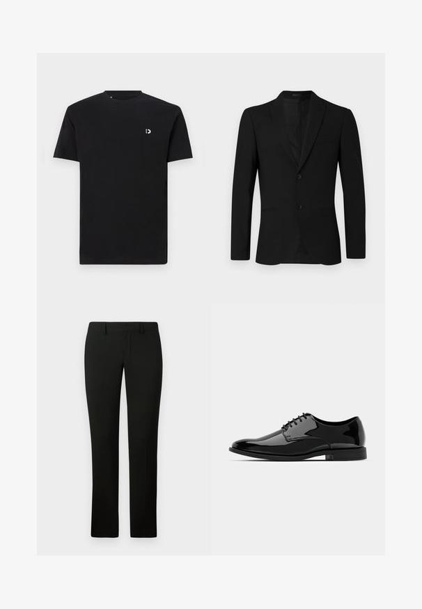 Black suit jacket featuring a notched lapel, single-breasted design, two buttons, and welted pocket; smooth texture and tailored fit.; Black cotton t-shirt with short sleeves, round neckline, and a small white logo on the left chest area. Smooth texture, simple design.; Black trousers with a tailored fit, featuring a smooth texture and straight leg design. The waistband has belt loops and a clean finish.; Black patent leather dress shoe with a rounded toe, lace-up design, and smooth, shiny surface. Features a low-profile rubber sole.