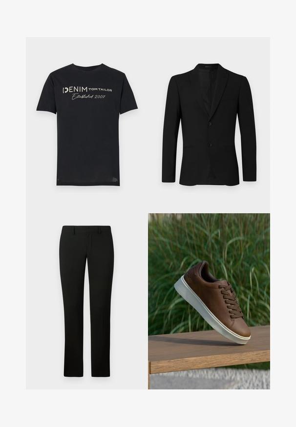 Juodas švarkas su pjautiniu apykakle, vieno mygtuko dizainu, dviem mygtukais ir kišene su krašteliu; sklandus audinys ir pritaikytas siluetas.; Juoda medvilninė marškinėliai su užrašu "DENIM TOM TAILOR Established 2007" baltomis ir pilkomis raidėmis, apvalia iškirpte ir trumpomis rankovėmis.; Juodos kelnės su pritaikytu šiuolaikiniu siluetu, pasižyminčios sklandžiu paviršiumi ir tiesaus kirpimo dizainu. Juosmuo turi diržo kilpas ir tvarkingą apdailą.; Rudos odinės sportinės bateliai su balta guma padais, suapvalinta nosimi ir rudomis raišteliais. Tekstūruota atrama ant padais ir lygus paviršius viršuje.