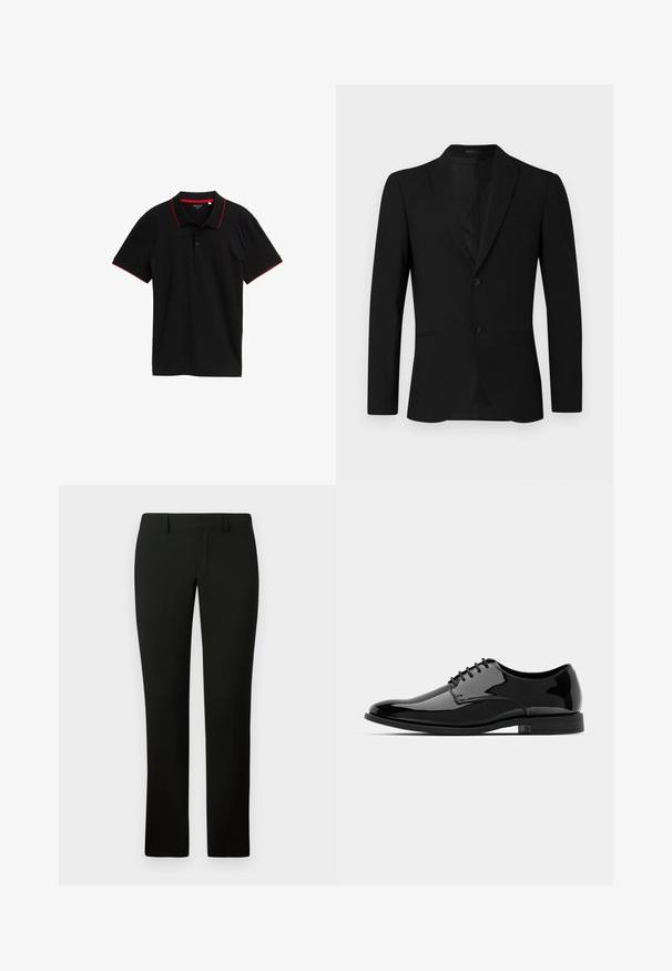 Schwarze Sakkoweste mit Reverskragen, einreihigem Design, zwei Knöpfen und aufgesetzter Tasche; glatte Textur und taillierte Passform.; Schwarzes Poloshirt aus strukturiertem Stoff, roter Kragen und Ärmelakzente, Drei-Knopf-Leiste, kurze Ärmel und keine sichtbaren Muster.; Schwarze Hosen mit taillierter Passform, die eine glatte Textur und einen geraden Beinanschnitt aufweisen. Der Bund hat Gürtelschlaufen und eine saubere Verarbeitung.; Schwarze Lackleder-Schuh mit abgerundetem Zeh, Schnürdesign und glatter, glänzender Oberfläche. Verfügt über eine flache Gummisohle.