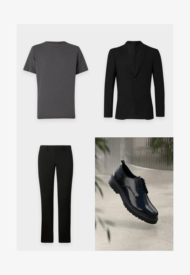 Juodas švarkas su pjautiniu apykakle, vieno mygtuko dizainu, dviem mygtukais ir kišene su krašteliu; sklandus audinys ir pritaikytas siluetas.; Tamsiai pilkas apvalios iškirptės marškinėliai, trumpomis rankovėmis, pagaminti iš minkštos medžiagos. Priedai - subtilus logotipas priekyje, lygus paviršius su minimaliais sąnariais.; Juodos kelnės su pritaikytu šiuolaikiniu siluetu, pasižyminčios sklandžiu paviršiumi ir tiesaus kirpimo dizainu. Juosmuo turi diržo kilpas ir tvarkingą apdailą.; Juodas odinis batas su blizgiu paviršiumi, apvalia nosimi, laikantis šniurelių dizainu, kontrastingomis siūlėmis ir storu guma padu su raštuotais protektoriais.