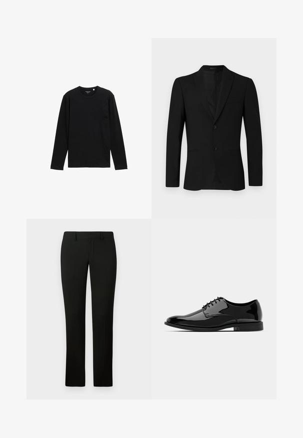 Giacca nera con rever a notched, design a un petto con due bottoni e tasche a nappe; texture liscia e vestibilità su misura.; T-shirt nera a maniche lunghe realizzata in tessuto a costine, con scollo rotondo e vestibilità comoda, senza ulteriori motivi o decorazioni.; Pantaloni neri con una vestibilità sartoriale, caratterizzati da una superficie liscia e un design a gamba dritta. La vita ha passanti per la cintura e una finitura pulita.; Scarpa da uomo in vernice nera con punta tonda, design con lacci e superficie liscia e lucida. Presenta una suola in gomma a profilo basso.