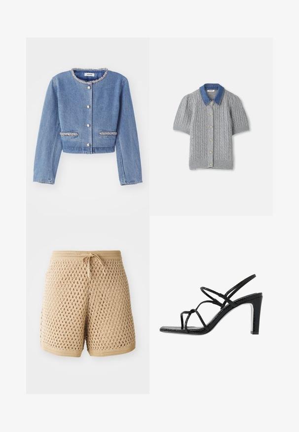 Light blue denim cropped jacket with a round, beaded collar, silver button closures, and two beaded accent pockets.; Gray knitted short-sleeve cardigan with a cable pattern, featuring a denim collar and five gold buttons down the front.; Beige crochet shorts with an intricate diamond pattern, drawstring waist, and ribbed edges. Lightweight and breathable fabric.; Black heeled sandals with thin straps, a textured finish, open toe, and a sleek, pointed heel design. Features a smooth insole and a shiny surface.