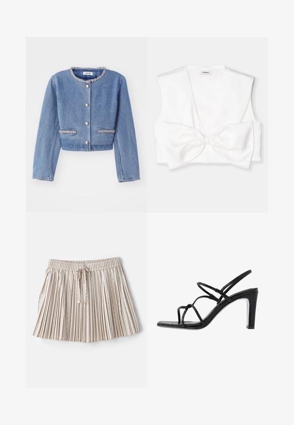 Svetlo modra denim jakna skrajšana dolžina z okroglo, bisernato ovratnico, srebrnimi gumbi zapiranjem in dvema bisernatima dodatnima žepoma.; Bela skrajšana majica z globokim V-izrezom, širokimi rameni in velikim detajlom v obliki pentlje spredaj. Gladka, satenska tekstura.; sandro JUPE SAME FIT - Plisirano krilo - kaki/rose; Črne sandale s peto z tankimi trakovi, teksturirano površino, odprto prst in eleganten, koničast peto. Imajo gladko podplat in sijočo površino.
