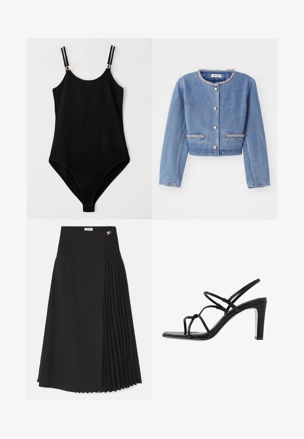 Jachetă din denim bleu deschis, scurtă, cu un guler rotund, decorat cu mărgele, închidere cu nasturi argintii și două buzunare accentuate cu mărgele.; Costum de baie negru cu un design ajustat, dotat cu bretele reglabile și accente din metal argintiu la umeri. Material neted și texturat.; Fustă midi neagră cu un design pliat pe o parte, confecționată dintr-un material ușor, având un fermoar ascuns și buzunare laterale.; Sandale negre cu toc, cu barete subțiri, finisaj texturat, vârful deschis și un design elegant al tocului ascuțit. Au o talpă interioară netedă și o suprafață strălucitoare.