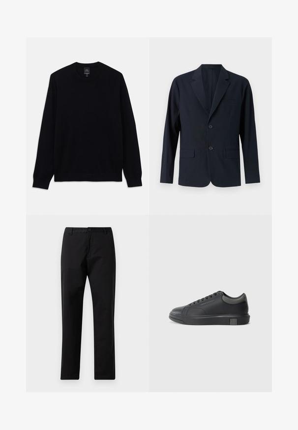 Tengerészkék, textúrázott blazer kihajtott gallérral, két elülső zsebből álló fakkal és két gombbal. Testre szabott fit minimalist design-nal.; Fekete, hosszú ujjú, kerek nyakú pulóver bordázott mandzsettákkal és hemnél, látható Armani Exchange címkével a belső galléron.; Fekete egyenes szabású nadrág gombos és cipzáras záródással, övhurkokkal és elülső zsebekkel, fehér háttérre kihelyezve.; Fekete bőrlábbeli sima felülettel, kerek orral és sötétszürke kiegészítőkkel. Fűzős kialakítású és texturált gumitalppal rendelkezik.