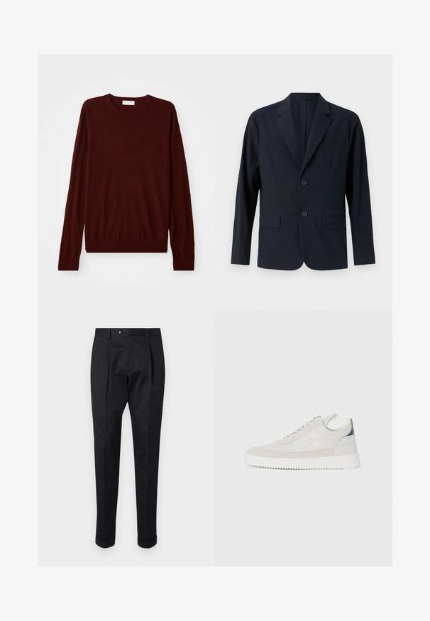 Marineblå, strukturert blazer med spiss krage, to frontlommer med klaff og to knapper. Skreddersydd passform med minimalistisk design.; Bordeaux langermet genser med rund hals og ribbet mansjetter og kant, lagt flatt på en hvit bakgrunn.; Sorte bukser laget av et glatt stoff, med en fold foran, knappelukking, og oppbrettede mansjetter ved ankelen.; Hvite lær sneakers med grå semsket skinndetaljer, snøring, bånd for å dra opp, og en teksturert gummisåle med en sikksakk-mønster.