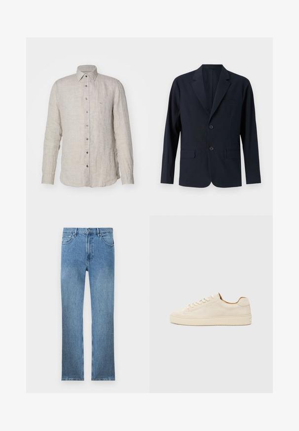 Temno modra, teksturirana blazer jakna z obrobljenim ovratnikom, dvema sprednjima žepoma z poklopcem in dvema gumboma. Prilegajoč kroj z minimalističnim dizajnom.; Svetlo bež srajca iz platna z dolgimi rokavi, ovratnikom na gumb in sprednjim gumbastim zapenjanjem. Vključuje majhen vezen znak na prsih.; Svjetloplave traperice s ravnim krojem, pet džepova, patentnim zatvaračem i kontrastnim šavovima. Tkanina ima glatku, teksturiranu površinu.; Bež suède teniska z nizkim dizajnom, okroglim prstom, ravnimi čipkami in teksturirano gumijasto podplatom. Minimalističen slog brez vidnih logotipov.