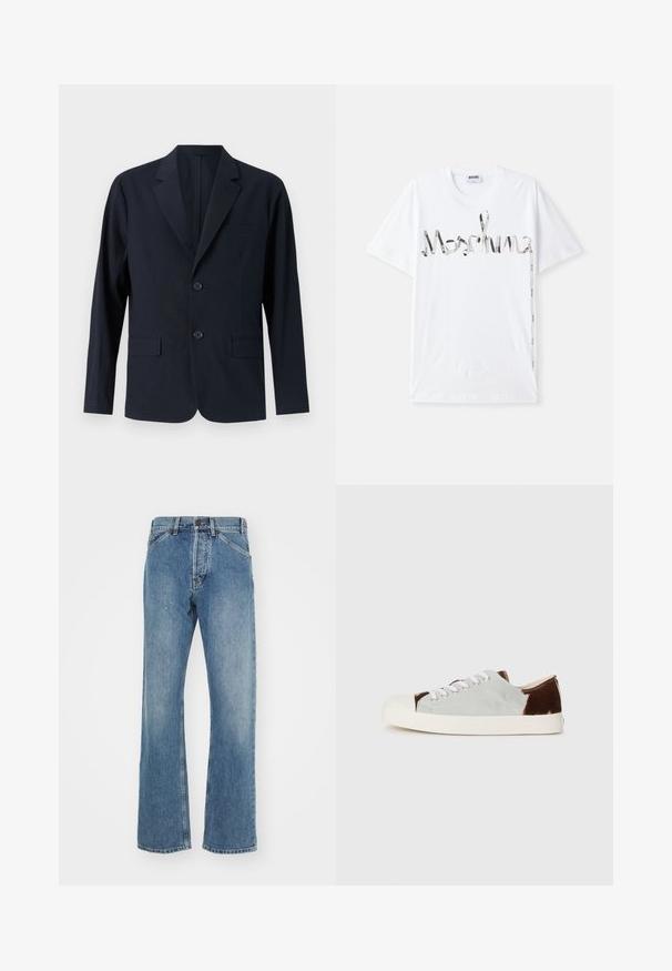 Svetloplavi, teksturirani sako s uskim reverima, dva prednja džepa s flapom i dva dugmeta. Pristajanje kroja s minimalističkim dizajnom.; Bijela pamučna majica s grafičkim logotipom u crnoj i srebrnoj boji koji nalikuje traci. Kratki rukavi i dizajn s okruglim izrezom.; Plave traperice s ravnim krojem, svijetloplave boje, pet džepova, metalnim gumbom i šivanim detaljima na pojasu.; Niske tenisice s gornjim dijelom od sivo platna i smešnim nubuk detaljima, bijelim vezicama i kremastim gumenom vrhom. Ravni đon za ležerno nošenje.