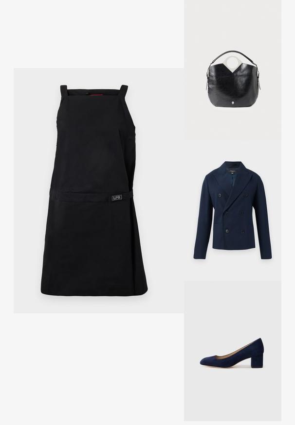 Marineblaues, doppelt-knopfbares Sakko mit Reverskragen, zwei Fronttaschen und sechs mit Stoff bezogenen Knöpfen. Hergestellt aus glattem, strukturiertem Material.; Schwarzschürze mit Quadrat-Ausschnitt, verstellbaren Trägern und einem Taillenknoten. Hat ein LPS-Logo-Detail auf der Vorderseite. Glattes, strapazierfähiges Material.; Marineblaue Wildleder-Pumps mit spitzem Zehenbereich und einem mittelhohen Blockabsatz. Glatte Textur mit einem subtilen Glanz und einem kleinen Ausschnitt an der Vorderseite.; Schwarze Ledertasche mit geschwungener Form, kreisförmigem oberen Griff und silbernem Logo-Detail. Glatte Textur und auffälliges Ausschnittdesign.