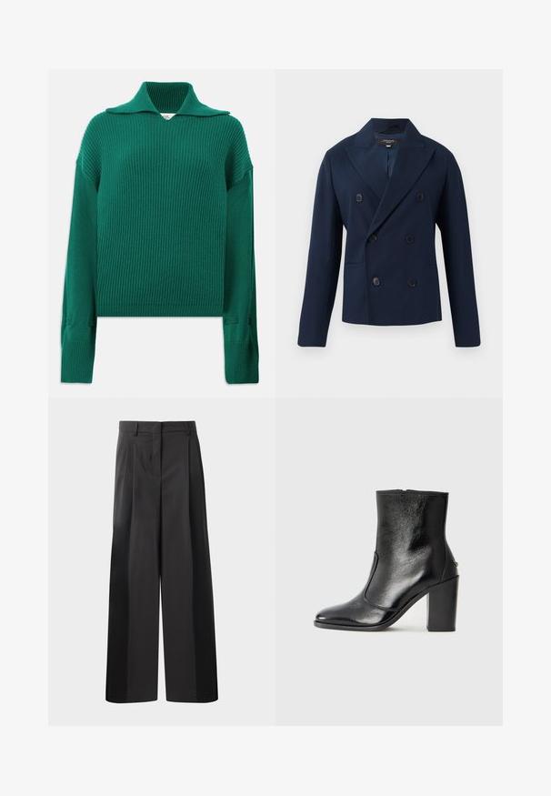 Tamsiai mėlynas dublis su sagomis, dviem priekinėmis kišenėmis ir šešiomis audiniu aptrauktomis sagomis. Pagamintas iš lygaus, struktūruoto medžiagos.; Žalias raukšlėtas megztinis su plačiu apykakle, ilgomis rankovėmis ir šoninėmis plyšiais. Yra tekstūruotas paviršius ir laisvas kirpimas.; Juodos plačios kelnės su aukštu liemeniu, su priekinėmis raukšlėmis, glotnia tekstūra ir pritaikytu apdailos stiliumi. Sukurtos laisvam sėdėjimui.; Juodas odinis kulkšninis batas su lygiu paviršiumi, smailiu pirštu ir masyviu aukštu kulnu. Savybė - šoninis atidarymas ir minimalistiškas dizainas.
