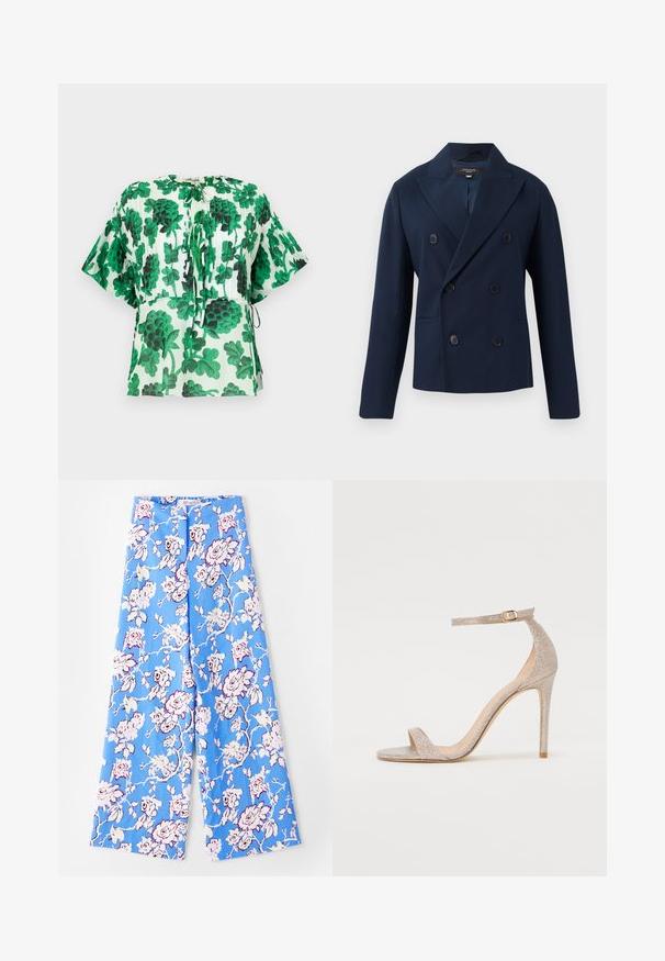 Tengerészkék, dupla soros zakó, kiképzett hajtókával, két elülső zsebbel és hat szövetborítású gombbal. Simább, strukturált anyagból készült.; Rövid ujjú blúz zöld és fekete levélmintával egy világos háttéren. Kerek nyakkivágással és húzózsinóros részletekkel a deréknál.; Kék virágmintás nadrág, amely pasztell rózsamintával van díszítve. Az anyag sima, laza szabású, széles lábú, és rugalmas derékpánttal rendelkezik.; Fém rózsaarany színű, pántos magassarkú szandál, texturált felsőrésszel, nyitott orral és arany csattal díszített bokapánttal.