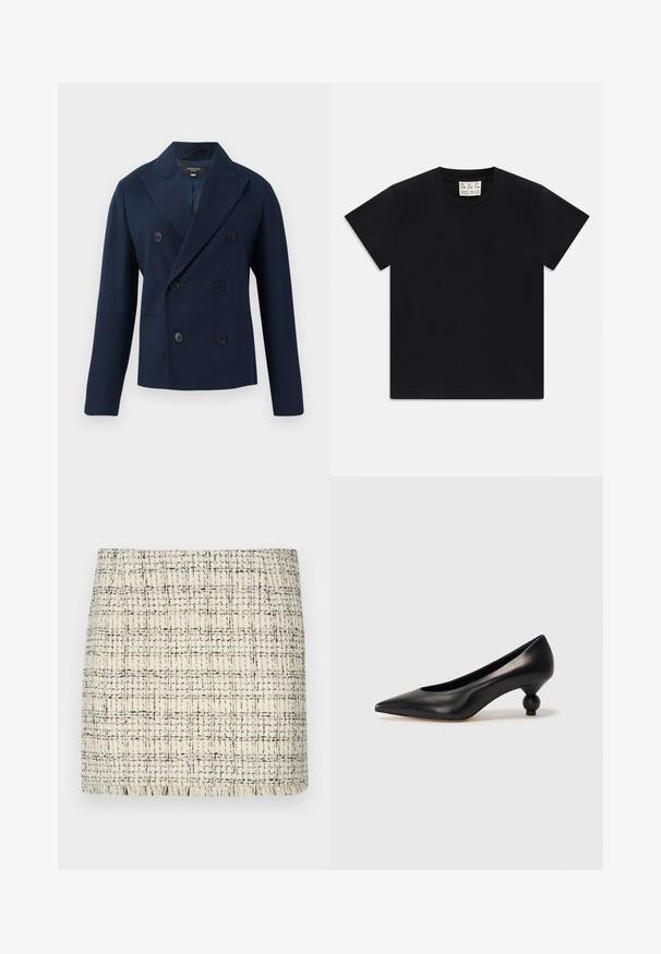 Marineblå dobbeltradet blazer med notch-lapel, to forlommer og seks stofbetrukne knapper. Lavet af et glat, struktureret materiale.; Sort kortærmet t-shirt med rund hals og et hvidt mærke indeni kraven, mærket "D.R.C. EST. 2002" på hvid baggrund.; Tweed miniskirt i creme og sort, med et tekstureret mønster, lige snit og frynset kant for detaljens skyld.; Sort læder høje hæle med spids tå og rund, kugleformet hæl. Glat tekstur med et stilrent, minimalistisk design.