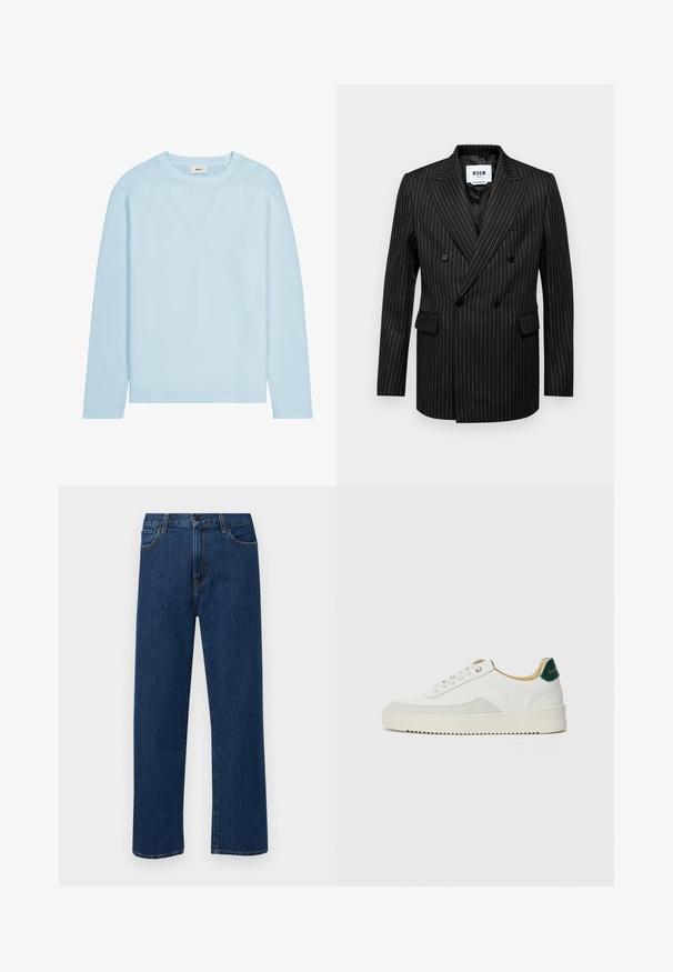 Dunkelblazer mit weißem Nadelstreifen, doppelreihig, mit Reverskragen, zwei Vordertaschen und einem glatten Innenfutter. Markenlabel im Inneren sichtbar.; NN.07 CLIVE - Strickpullover - winter sky; Weißes T-Shirt mit kurzen Ärmeln aus Baumwolle. Es hat einen runden Halsausschnitt und eine lockere Passform ohne sichtbare Muster oder Akzente.; Dunkelblaue gerade geschnittene Jeans mit Fronttaschen und Knopfverschluss, auf einem schlichten weißen Hintergrund präsentiert.; Weiße Sneaker mit Wildlederelementen, runder Zehenpartie, flachen Schnürsenkeln und einer cremefarbenen Gummisohle. Mit grünen Markenlogo am Fersenbereich.