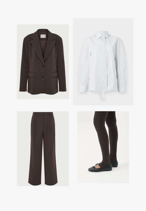 Rjava blazer z žepkastim ovratnikom, dvema sprednjima žepoma in črnimi gumbi; izdelan iz gladkega materiala z natančnim, strukturiranim krojem.; Bela srajca z dolgimi rokavi s klasičnim ovratnikom in podaljšano sprednjo zavezo. Narejena iz gladkega materiala, ima sproščen kroj in brez vzorcev.; Rjave široke hlače iz gladkega blaga. Imajo plise na sprednji strani in krojeni pas z zankami za pas za prilagoditev.; Črne ravne čevlje z majhnim lokom na prstih, v kombinaciji s temno rjavimi rebrastimi nogavicami. Čevlji imajo gladko teksturo in nizko obliko.