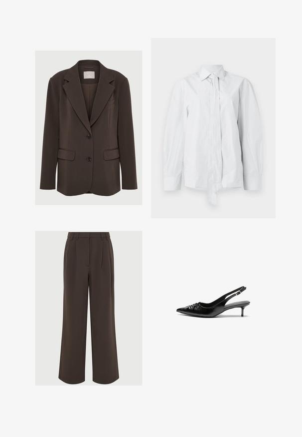 Smeđi sako s izrezanim ovratnikom, dva prednja džepa i crnim gumbima; napravljen od glatkog materijala s krojenim, strukturiranim fitom.; Bijela košulja dugih rukava s klasičnim ovratnikom i produženim prednjim vezanjem. Izrađena od glatkog materijala, s opuštenim krojem i bez uzoraka.; Smeđe široke hlače izrađene od glatkog materijala. Imaju preklopke sprijeda i krojeni pojas s petljama za remen radi prilagodbe.; Crne kožne sandale na petu s ikkrenim nosom, malom kitten petom i dekorativnom mašnom sprijeda. Glatka tekstura svuda.