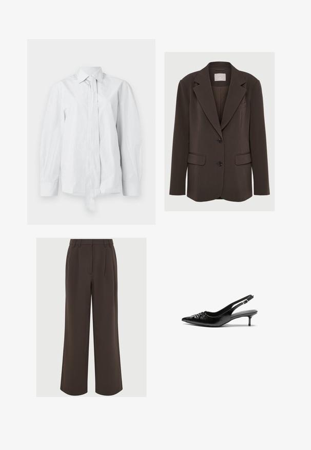 Blazer marrone con colletto a revers, due tasche frontali e bottoni neri; realizzato in tessuto liscio con una vestibilità su misura e strutturata.; Camicia bianca a maniche lunghe con colletto classico e un cravattino allungato sul fronte. Realizzata in tessuto morbido, presenta una vestibilità rilassata e nessun motivo.; Pantaloni marroni a gamba larga realizzati in tessuto morbido. Presentano delle pieghe sul davanti e una vita su misura con passanti per cintura per la regolazione.; Tacchi slingback in pelle nera con punta affusolata, piccolo tacco kitten e un dettaglio a nodo decorativo sulla parte anteriore. Texture liscia su tutta la superficie.