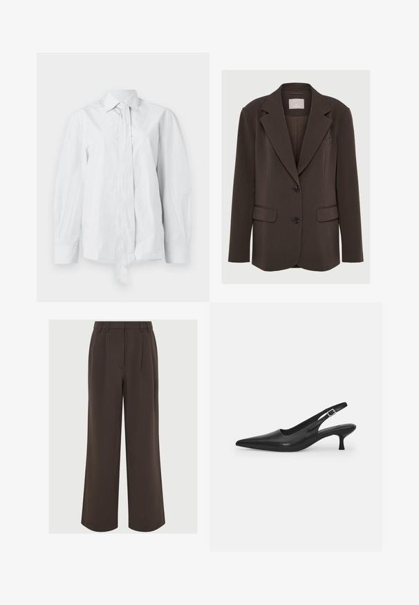 Rudas švarkas su išpjauta krakmole, dviem priekinių kišenėmis ir juodais mygtukais; pagamintas iš lygaus audinio su pritaikytu, struktūrizuotu siluetu.; Balta, ilgo rankovėmis marškiniai su klasikinėmis apykaklėmis ir ilgintu priekinio mazgu. Pagaminta iš lygaus audinio, su laisvu siluetu ir be raštų.; Kavai platūs rudi keliai, pagaminti iš lygios medžiagos. Priekyje turi raukšles ir pritaikytą juosmenį su dirželių kilpomis prisitaikymui.; Juodos odinės slingback bateliai su smailiu nosiu ir plonu, lenktu kulnu. Yra diskretiška reguliuojama juostelė su metaliniu sagtimi.