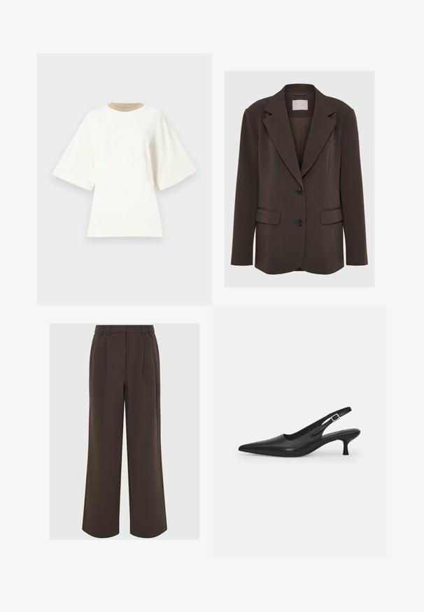 Blazer marrón con cuello muesca, dos bolsillos delanteros y botones negros; hecho de una tela suave con un ajuste estructurado y a medida.; Camiseta de algodón blanca de gran tamaño con un cuello redondeado de color beige y mangas cortas, con una textura suave y lisa.; Pantalones de pierna ancha marrones hechos de un tejido suave. Presentan pliegues en la parte delantera y una cinturilla ajustada con lazos para cinturón.; Zapato negro de piel tipo slingback con punta afilada y un tacón delgado y curvado. Presenta una correa ajustable discreta con una hebilla de metal.