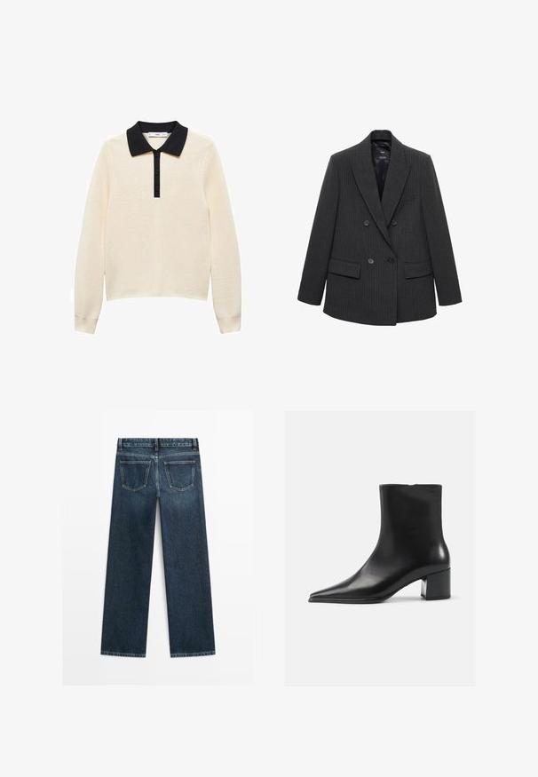 Donkergrijze pinstripe dubbele knoopblazer met notch-lapels, vier knopen en klepzakken op een witte achtergrond.; Mango RICSON - Trui - off-white; Donkerblauwe spijkerbroek met een rechte snit, voorzien van twee achterzakken en zichtbare stiksels langs de naden en randen.; Zwarte leren enkellaars met een spitse neus, een soepele textuur en een middenblokhak. Minimalistisch ontwerp, ritssluiting aan de achterkant.