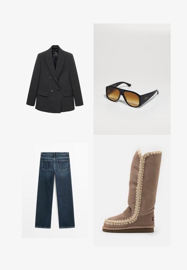 Tmavě šedý pruhovaný dvouřadý blazer s klopami, čtyřmi knoflíky a klopovými kapsami na bílém pozadí.; Bílá košile na knoflíky s vertikálními světlými šedými pruhy, s rozloženým límcem, dlouhými rukávy a volným střihem. Vyrobena z lehké látky.; Tmavě modré džíny se rovný střih, přední dvě zadní kapsy a viditelné švy podél švů a okrajů.; Vysoká hnědá semišová bota s jemným béžovým stehem po celé hraně, kulatou špičkou a plochou podrážkou. Jednoduchý, elegantní design.; Černé obdélníkové sluneční brýle s hnědými gradientními skly. Vyrobeny z plastu, mají hladký povrch a jemné zlaté logo na ramínku.