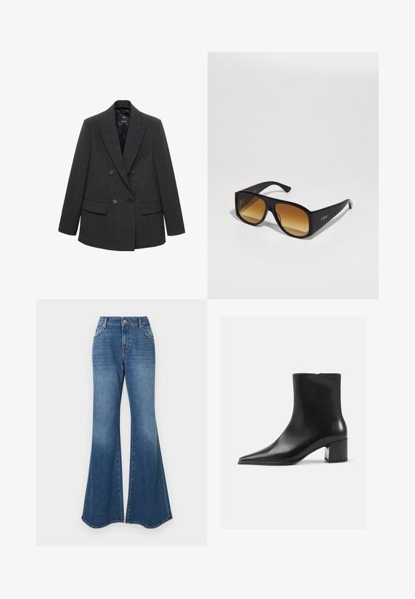 Blazer doppiopetto grigio scuro a righe con rever a punta, quattro bottoni e tasche a pattina su uno sfondo bianco.; Camicia bianca con bottoni, caratterizzata da strisce verticali grigio chiaro, colletto a point, maniche lunghe e una vestibilità ampia. Realizzata in tessuto leggero.; Jeans a palazzo blu realizzati in un classico materiale di jeans, con vita alta e una leggera sfumatura, apertura ampia alla caviglia e senza decorazioni visibili.; Stivaletto in pelle nera con punta appuntita, texture liscia e tacco medio a blocco. Design minimalista, chiusura con zip sul retro.; Occhiali da sole neri a forma rettangolare con lenti sfumate marroni. Realizzati in plastica, presentano una superficie liscia e un sottile logo dorato sulla tempia.