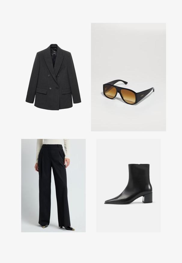 Tmavě šedý pruhovaný dvouřadý blazer s klopami, čtyřmi knoflíky a klopovými kapsami na bílém pozadí.; Bílá košile na knoflíky s vertikálními světlými šedými pruhy, s rozloženým límcem, dlouhými rukávy a volným střihem. Vyrobena z lehké látky.; Černé kalhoty s vysokým pasem a s nažehlenými záhyby, vyrobené z hladkého materiálu a s širokými nohavicemi. Doplňují je černé boty s špičatou špičkou a zlatými akcenty.; Černá kožená kotníková bota s špičatou špičkou, hladkým povrchem a středním blokovým podpatkem. Minimalistický design, zapínání na zip na zadní straně.; Černé obdélníkové sluneční brýle s hnědými gradientními skly. Vyrobeny z plastu, mají hladký povrch a jemné zlaté logo na ramínku.