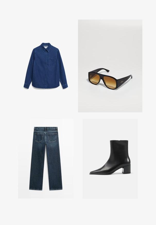 Dark gray pinstripe double-breasted blazer with notch lapels, four buttons, and flap pockets on a white background.; Denim shirt in dark blue with long sleeves, button front, pointed collar, single chest pocket, and subtle stitching detail.; Dark blue denim jeans with a straight cut, featuring two back pockets and visible stitching along the seams and hems.; Black leather ankle boot with a pointed toe, smooth texture, and a mid-block heel. Minimalist design, zipper closure at the back.; Black rectangular sunglasses with brown gradient lenses. Made of plastic, featuring a smooth surface and a subtle gold logo on the temple.