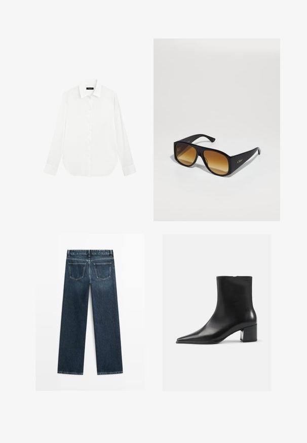 Dunkelgrauer, gestreifter, doppelt geknöpfter Blazer mit Reverskragen, vier Knöpfen und aufgesetzten Taschen auf weißem Hintergrund.; Weißes, knöpfbares Hemd mit klassischem Kragen, langen Ärmeln und abgerundetem Saum. Glattes Gewebe mit dezentem Glanz, ausgestattet mit einer zentralen Knopfleiste.; Dunkelblaue Jeans im geraden Schnitt, mit zwei Gesäßtaschen und sichtbaren Nähten entlang der Nähte und Säume.; Schwarze Lederschnürstiefelette mit spitzer Zehenform, glatter Textur und mittelhohem Blockabsatz. Minimalistisches Design, Reißverschluss hinten.; Schwarze rechteckige Sonnenbrille mit braunen Verlaufslinsen. Hergestellt aus Plastik, mit einer glatten Oberfläche und einem dezenten goldenen Logo am Bügel.