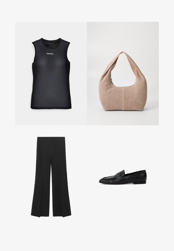 Mørkegrå stribet dobbeltbrystet blazer med skråklapper, fire knapper og klaplommer på en hvid baggrund.; Sort ærmeløs mesh tanktop med rund halsudskæring, der har et åndbart design og GripGrab-logo på fronten. Struktureret look.; Sorte brede bukser med diskrete lodrette striber og elastisk talje, præsenteret fladt på en hvid baggrund.; Sorte læder loafers med rund tå, syet detaljering på forsiden og flad sål. Minimalistisk design med en diskret logoaccent.; Hobo taske lavet af blødt, suede materiale i en lys beige farve. Har en rund form med en bred rem og lynlås lukning.