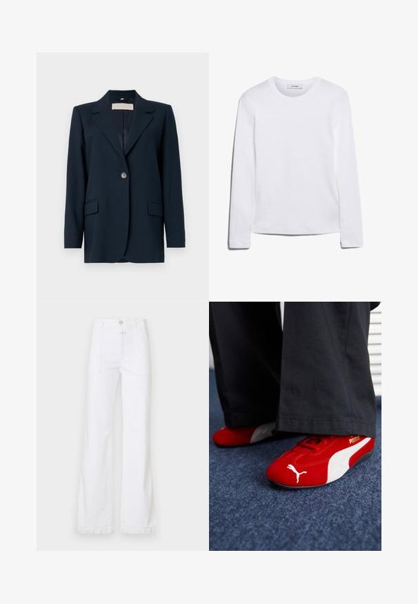 Mornarsko moder blejzer z enim gumbom, ostrimi reverji, dvema sprednjima žepoma in nekoliko strukturirano prileganje. Gladka tekstura tkanine.; Bela majica s dolgimi rokavi iz rebrastega bombaža, s krožnim izrezom in ravnim robom. Enostaven dizajn brez vzorcev ali naglasov.; Bele kavbojke z visokim pasom, širok kroj, sprednjimi žepi in vidnimi šivi. Tkanina ima gladko, mat teksturo.; Rdeče semiš tene z belimi detajli, ki imajo teksturiran material, okroglo špico in zlat logotip na strani, nosene z črnimi hlačami.
