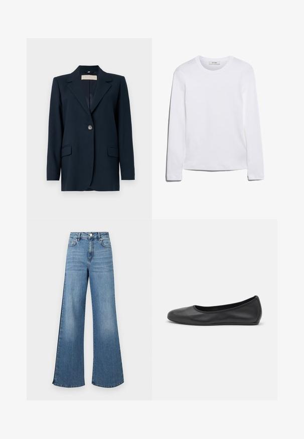 Námořnický modrý blazer s jedním knoflíkem, ostré klopy, dvě přední kapsy a mírně strukturovaný střih. Hladká textilie.; Bílé tričko s dlouhým rukávem vyrobené z žebrované bavlny, s kulatým výstřihem a rovnými lemy. Jednoduchý design bez vzorů nebo akcentů.; Široké modré džíny z denimu s bledým povrchem, které mají klasický design s pěti kapsami a kovové zapínání na knoflík v pase.; Černé kožené baletní byty s kulatou špičkou, hladkou texturou, minimálními švy a flexibilním designem podrážky.