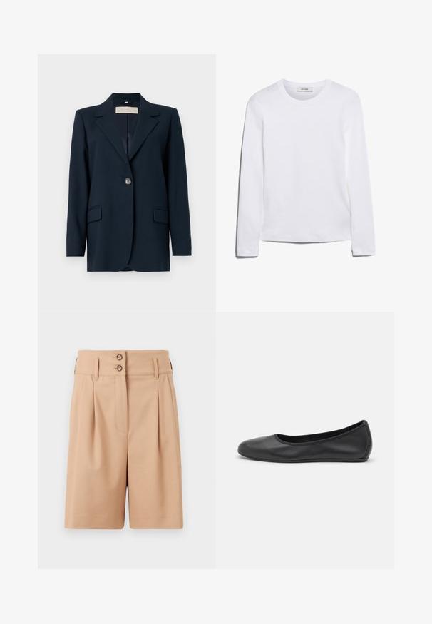 Blazer bleu marine avec une fermeture à un bouton, des revers aigus, deux poches avant et une coupe légèrement structurée. Texture de tissu lisse.; T-shirt blanc à manches longues en coton côtelé, avec un col rond et un ourlet droit. Design simple sans motifs ni accents.; Shorts beiges à taille haute, avec deux plis à l'avant et deux fermetures à bouton à la taille. Le tissu semble lisse et structuré.; Ballerines en cuir noir avec un bout rond, texture lisse, détails de couture minimalistes et design de semelle flexible.