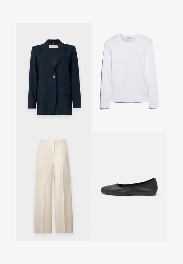 Tengerészkék blézer egysoros gombolással, éles hajtókákkal, két elülső zsebbel és enyhén struktúrált fazonnal. Simára szőtt anyagú.; Hosszú ujjú fehér póló bordázott pamutból, kerek nyakkivágással és egyenes szegéllyel. Egyszerű dizájn, minta vagy díszítések nélkül.; Beige széles szárú nadrág magas derékkal, elülső redőkkel és sima textúrával. Egyszerű dizájn látható hardver vagy mintázat nélkül.; Fekete bőr balettcipő lekerekített orral, sima tekstúrával, minimális varrással és rugalmas talp kialakítással.
