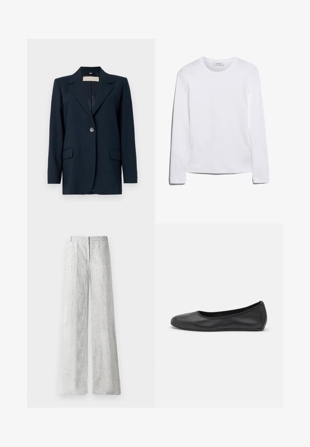 Navy blue blazer with a single button closure, sharp lapels, two front pockets, and a slightly structured fit. Smooth fabric texture.; Long-sleeve white T-shirt made of ribbed cotton, featuring a round neckline and a straight hem. Simple design with no patterns or accents.; Light grey, wide-leg trousers made from a textured fabric with subtle vertical lines. Features a front zip closure and belt loops.; Black leather ballet flat with a rounded toe, smooth texture, minimal stitching detail, and a flexible sole design.